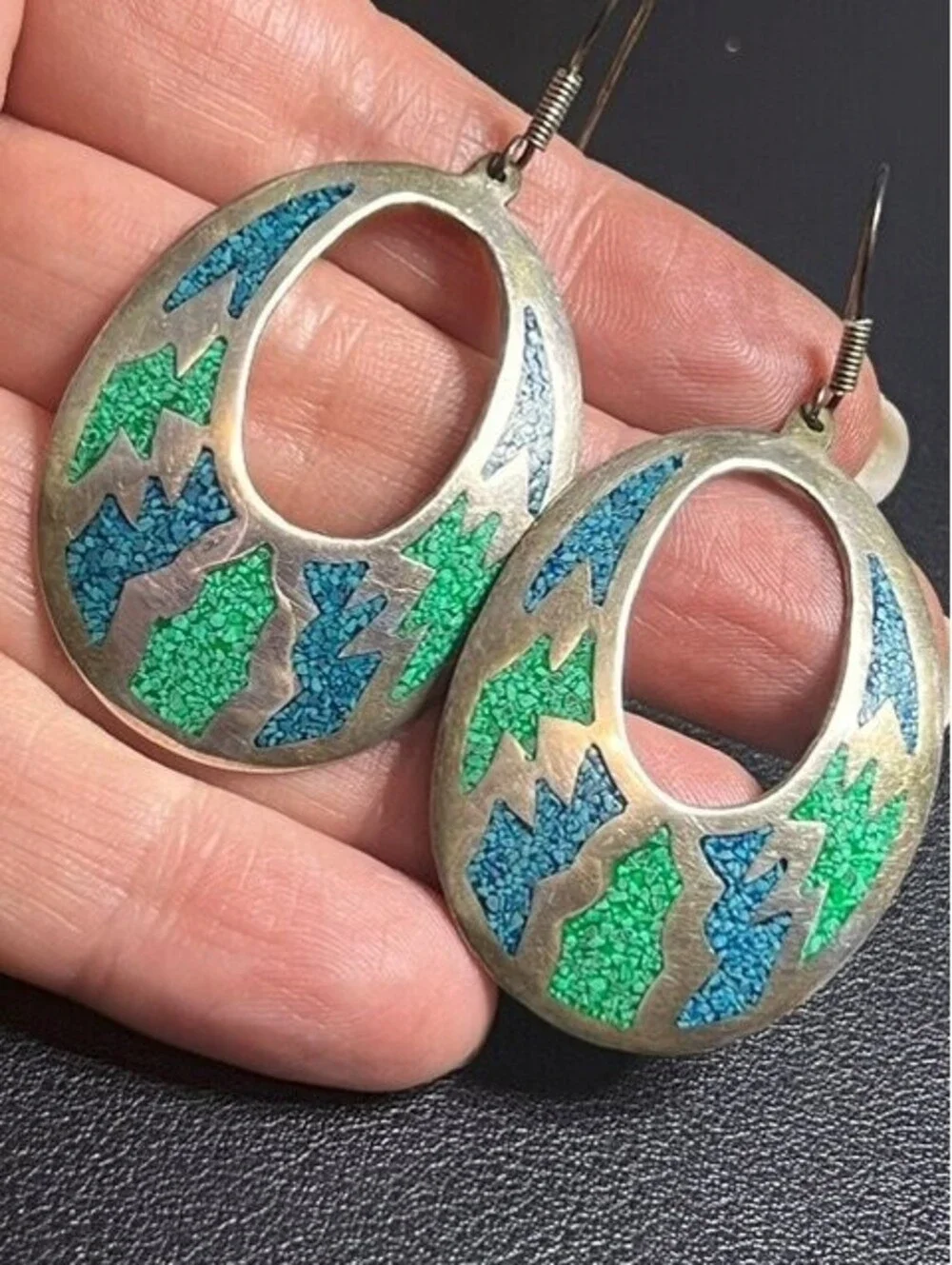 B6634 Taxco Sterling Silver Dangle Earrings Turquoise Malachite Inlay 2.5